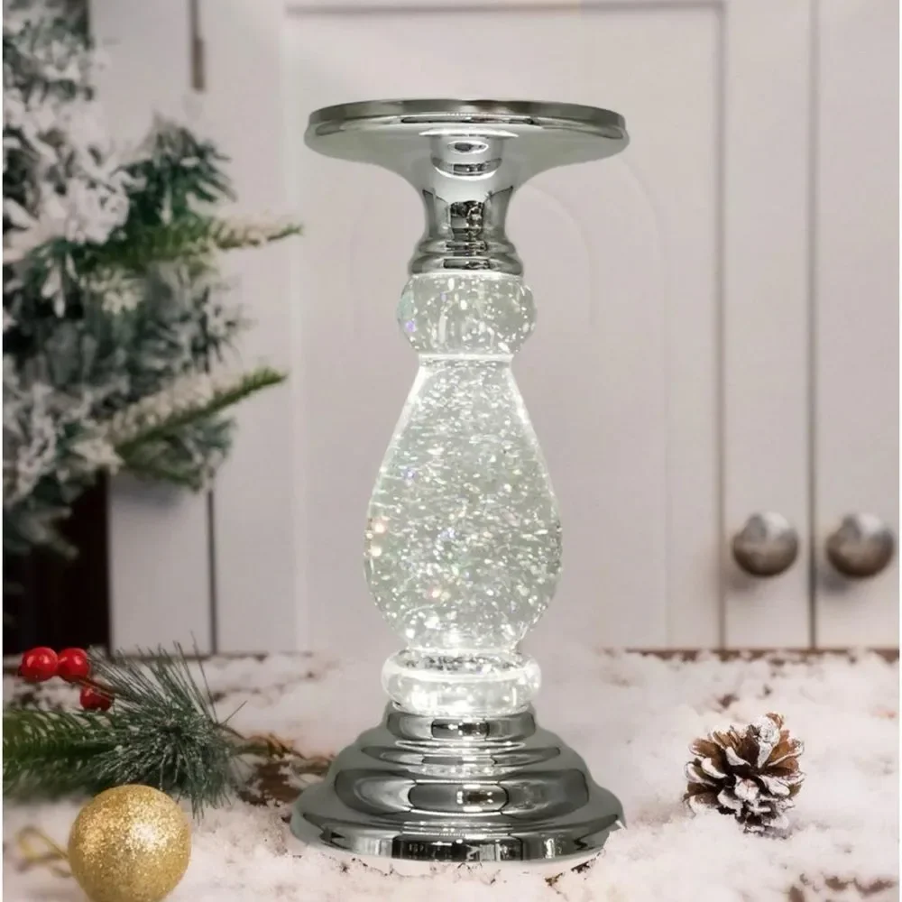 BATH & BODY WORKS SILVER LED SWIRLING GLITTER PEDESTAL CANDLE HOLDER~ Pristine